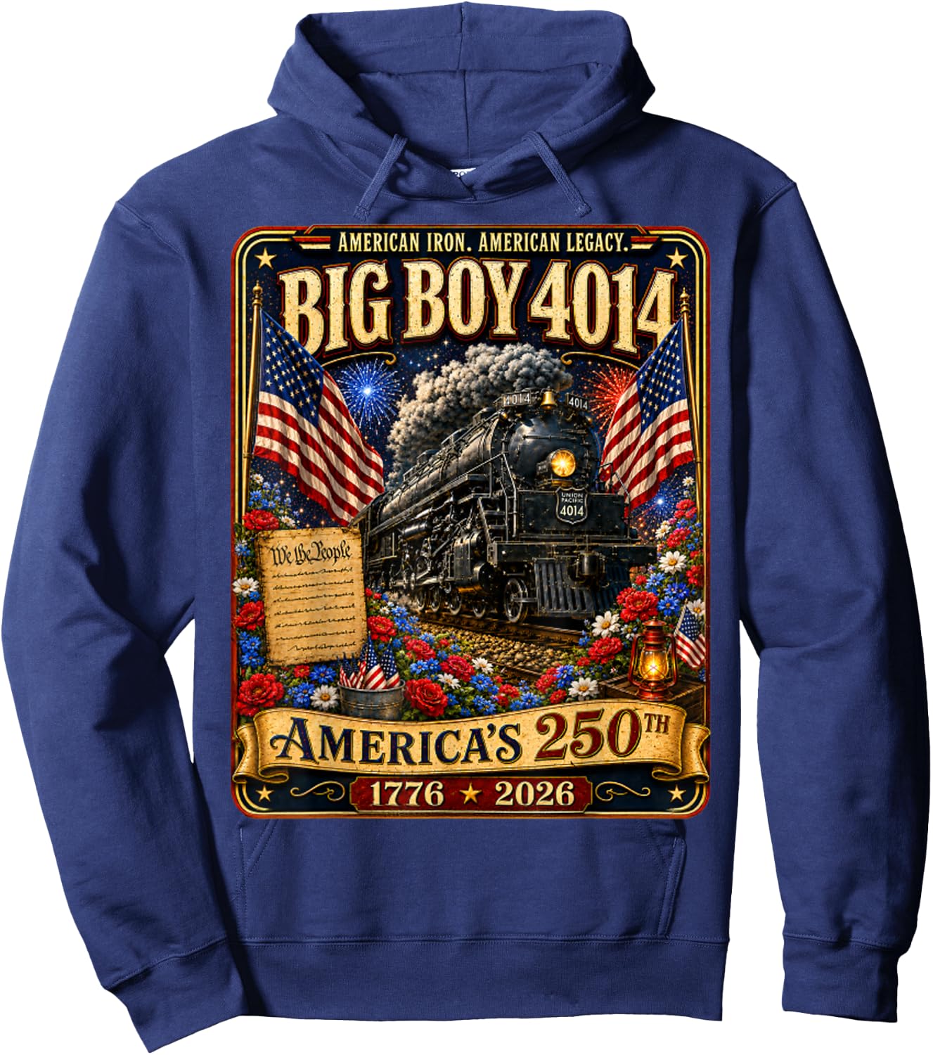 Vintage Big Boy 4014 Train 4th of July Retro US Flag Hoodie - Hoodie | Navy