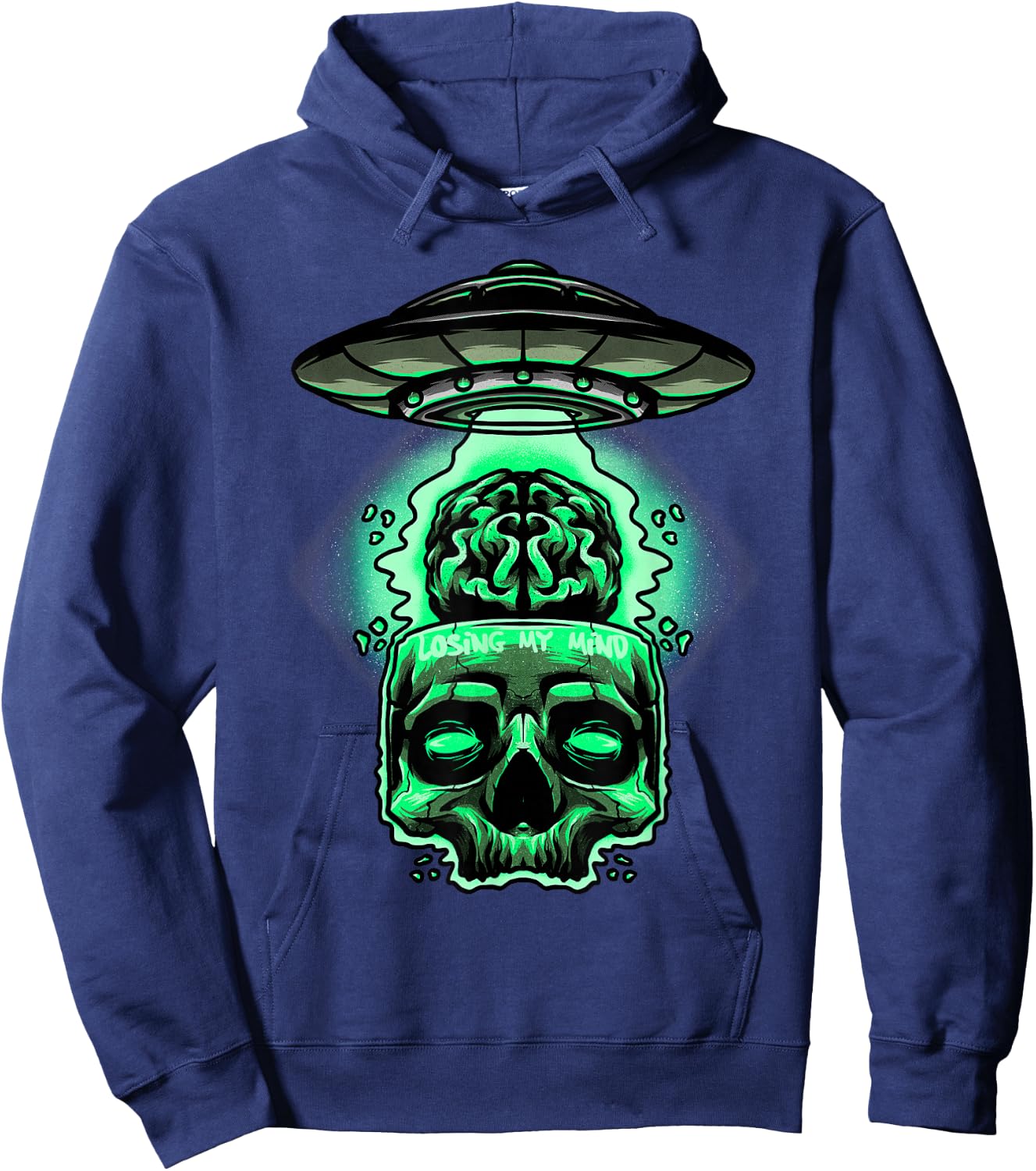 Losing My Mind Brain Skull UFO Alien Space Craft Abduction Hoodie - Hoodie | Navy