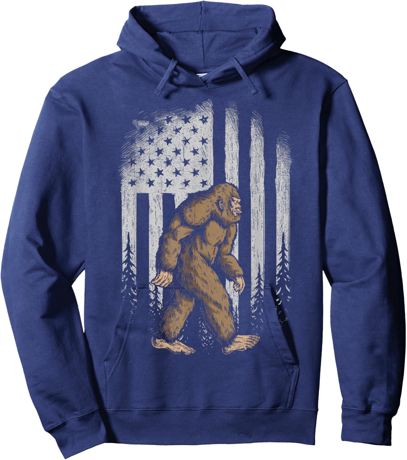 Bigfoot American Flag 4th of July Retro Vintage Sasquatch Hoodie - Hoodie | Navy