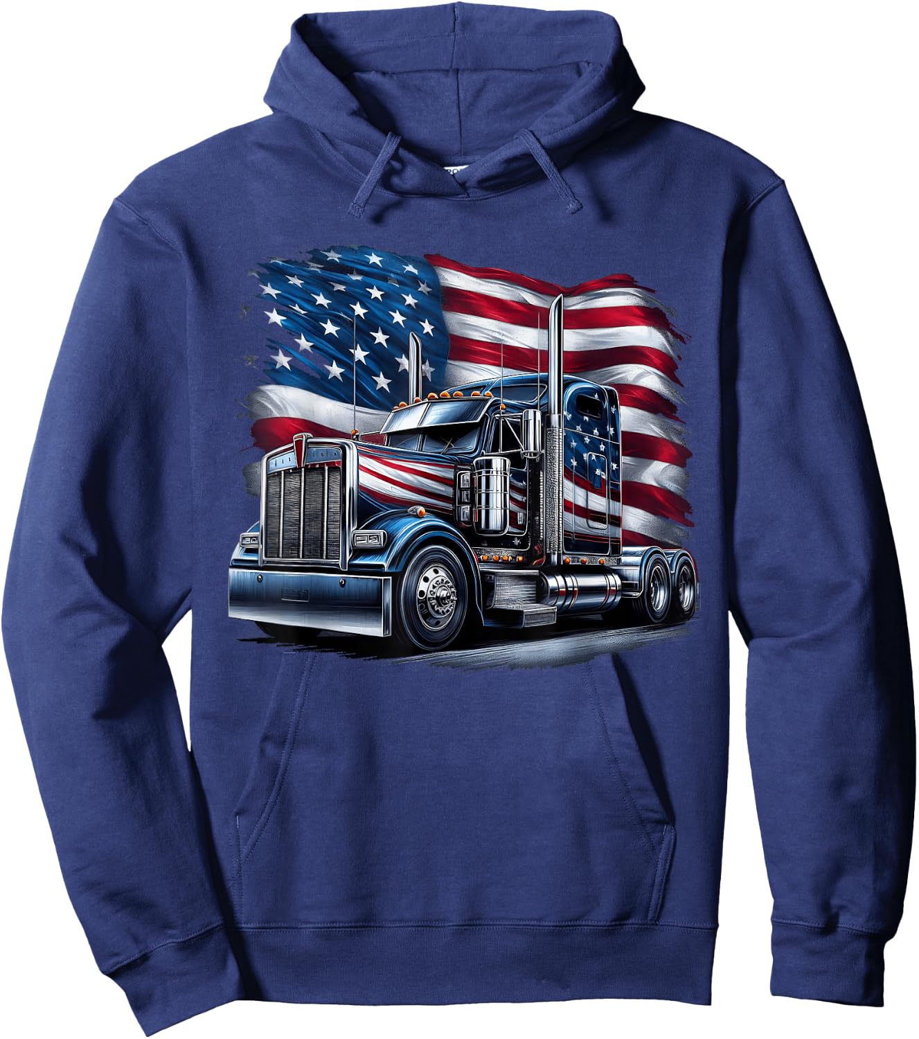 Semi Truck Driver US Trucker USA Flag Patriotic 4th of July Hoodie - Hoodie | Navy