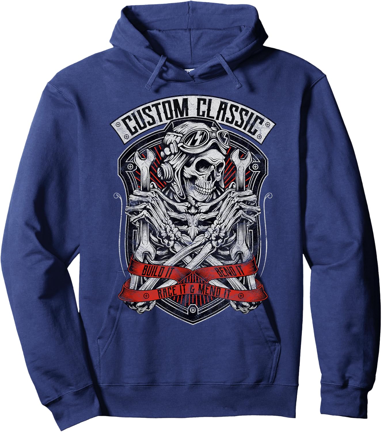Skeleton Mechanic Design Classic Biker, Speedway, Hot Rod Hoodie - Hoodie | Navy