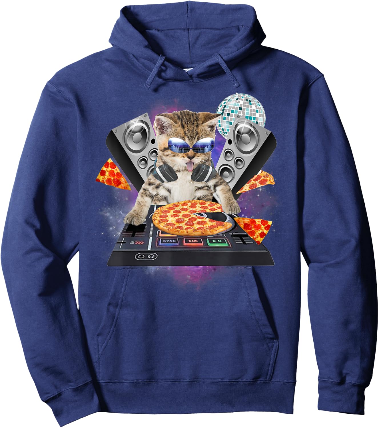 Funny Galaxy DJ Pizza Cat Gift | Space Pizza Kitty Women Kids Hoodie - Hoodie | Navy