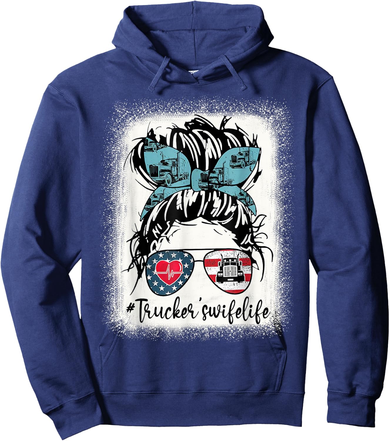 Trucker Wife's Life Bleached Shirt Messy Bun Hair Hoodie - Hoodie | Navy