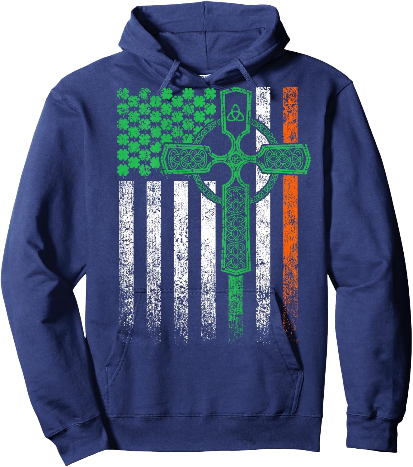 Celtic Cross Irish American Flag St. Patrick's Day on back Hoodie - Hoodie | Navy