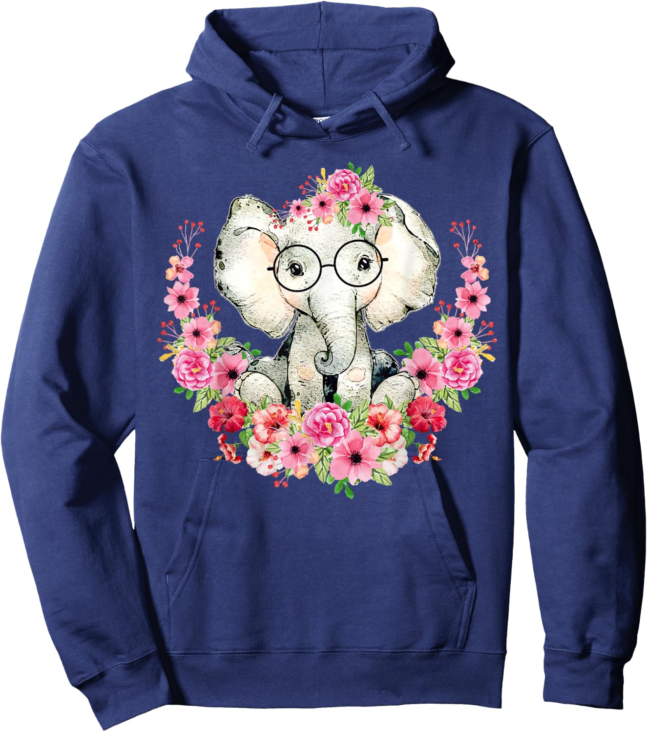 Little Elephant Cute Floral Animal Lovers Kids Girls Boys Hoodie - Hoodie | Navy