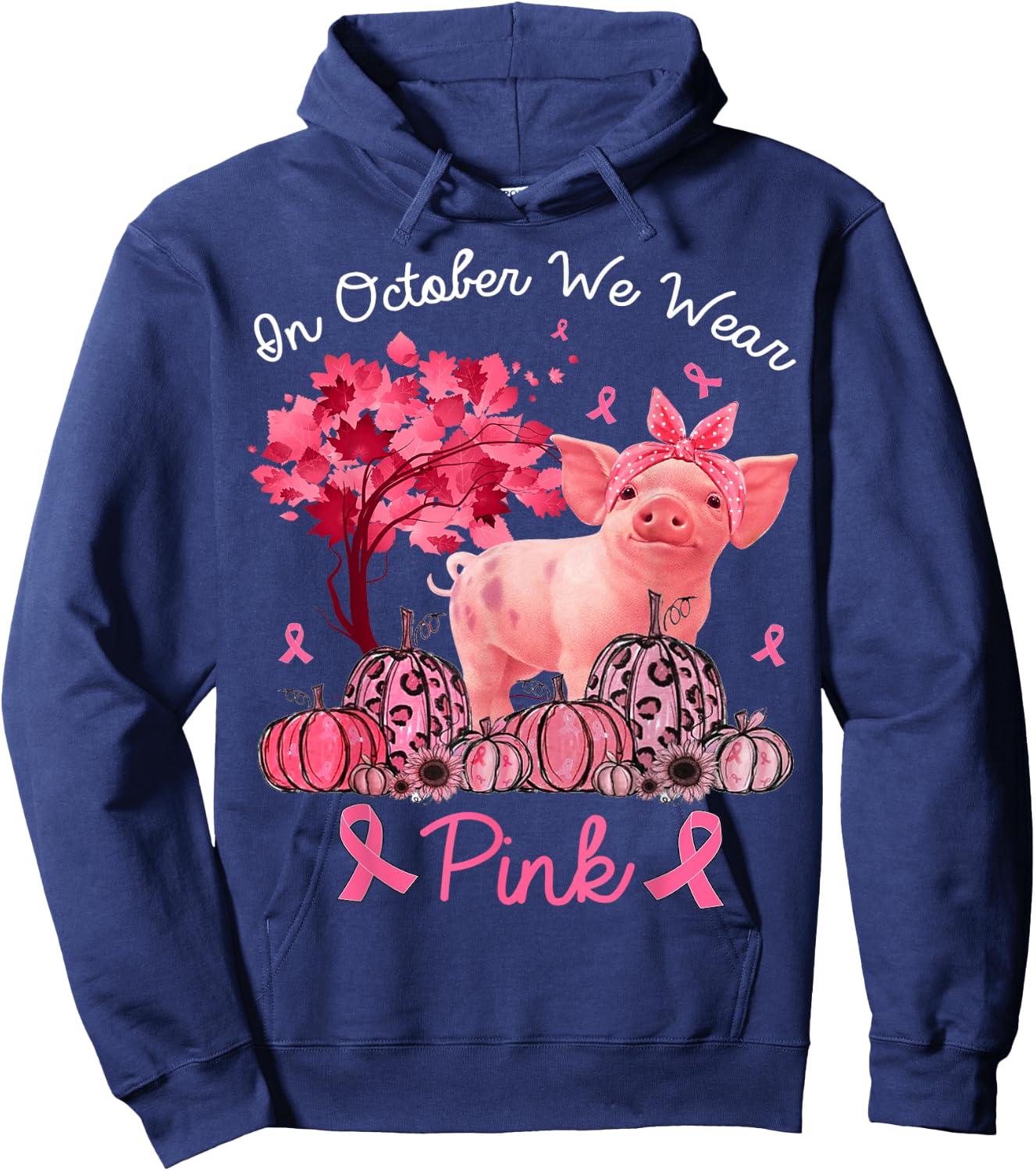 Pig In October We Wear Pink Pumpkin Breast Cancer Hoodie - Hoodie | Navy