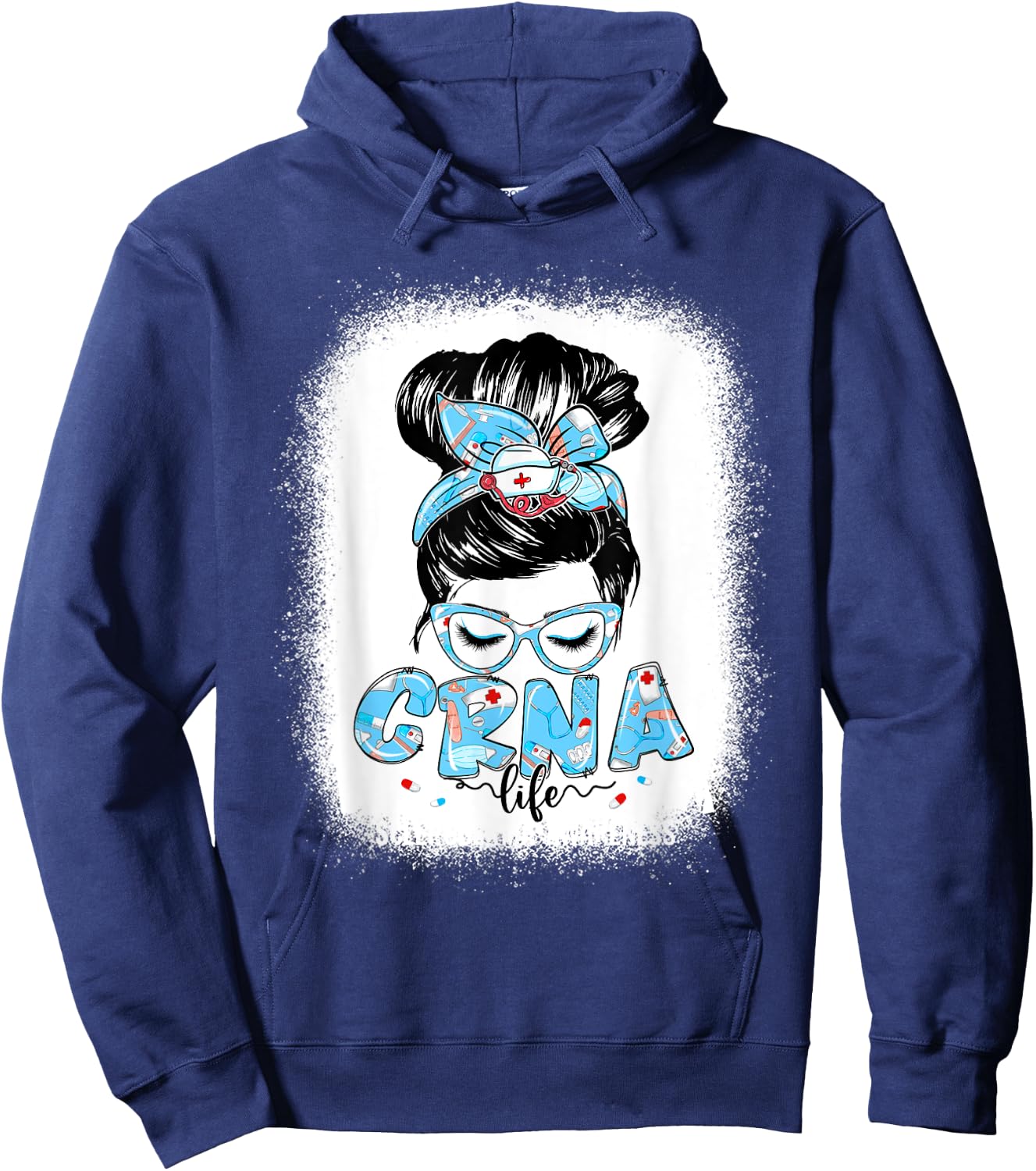 CRNA Life Messy Bun Women Glasses Cute CRNA Gifts Hoodie - Hoodie | Navy