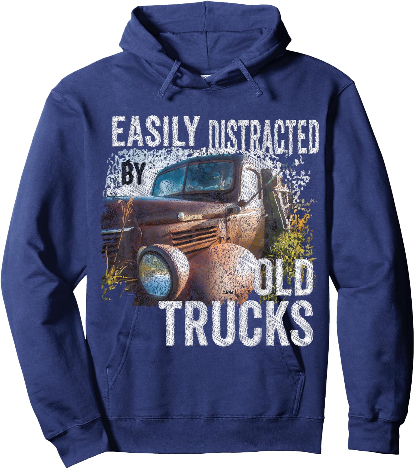 Easily Distracted By Old Pickup Trucks Classic Cars, Trucker Hoodie - Hoodie | Navy