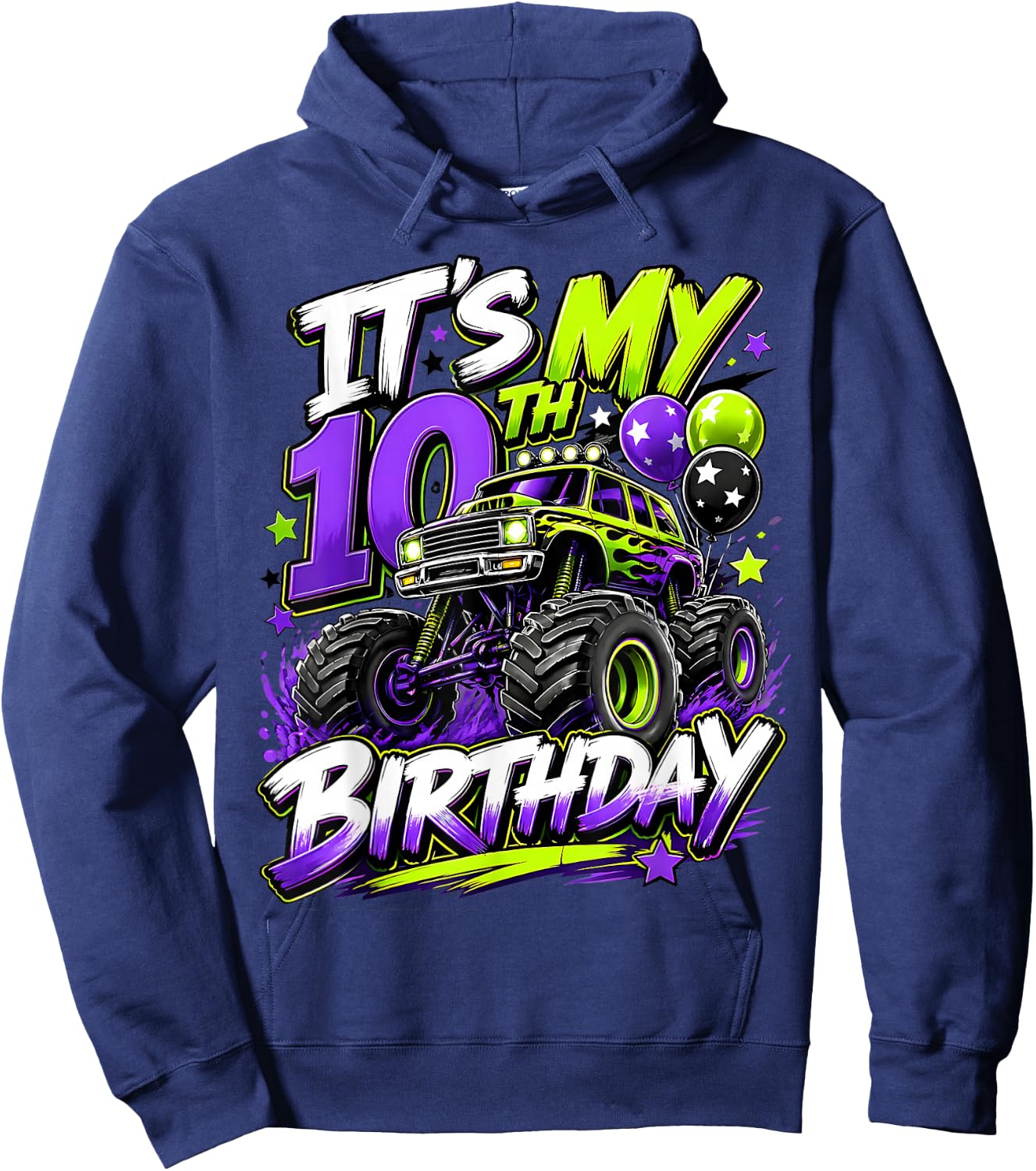 10th Birthday Monster Truck Party 10 Years Old Boys Theme Hoodie - Hoodie | Navy