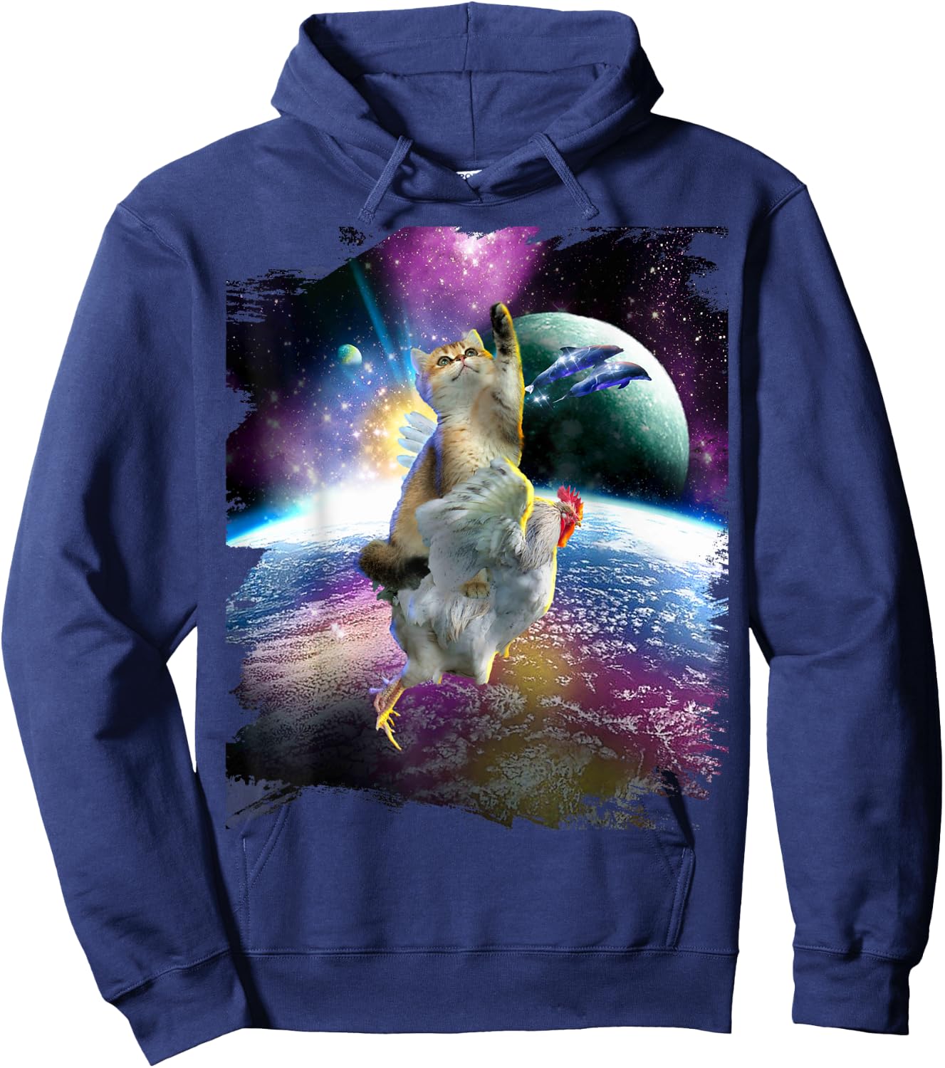 Cat Riding Chicken Space Galaxy Earth Hoodie - Hoodie | Navy