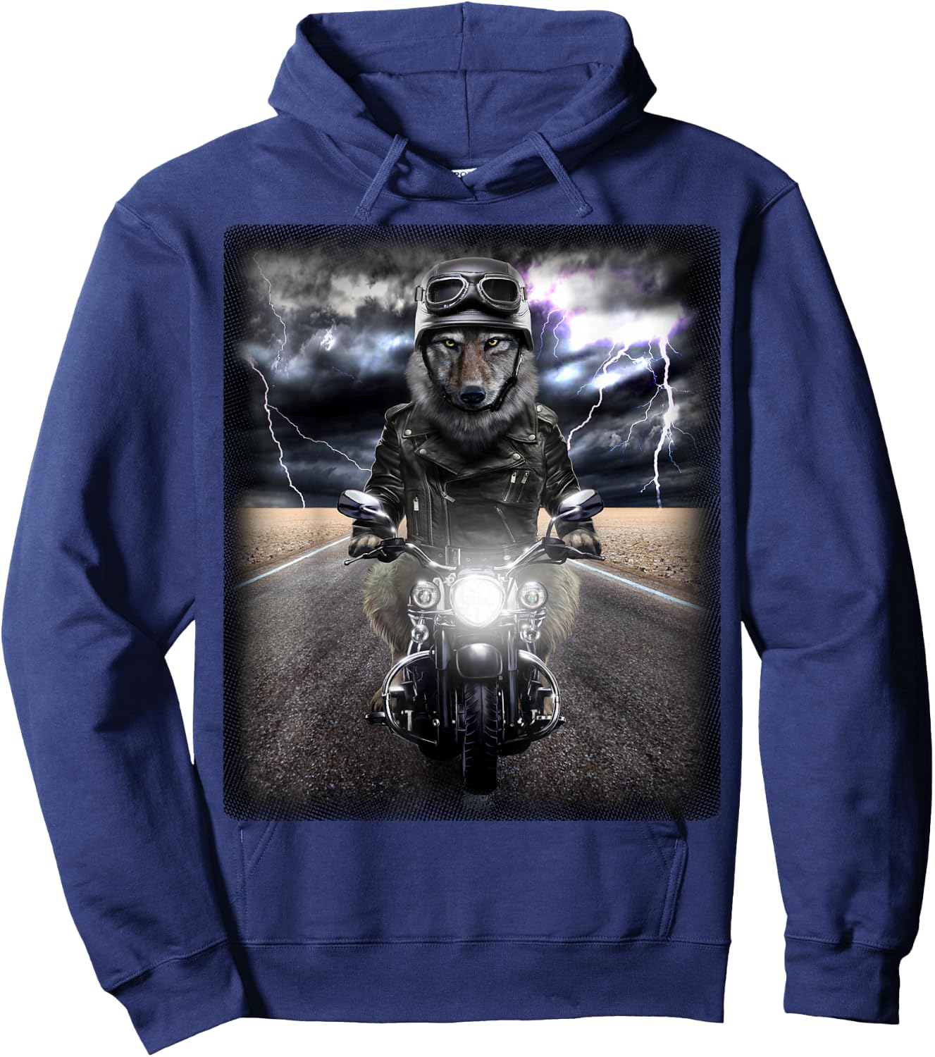 Mean Biker Wolf Cruising on Motorcycle in Highway Hoodie - Hoodie | Navy