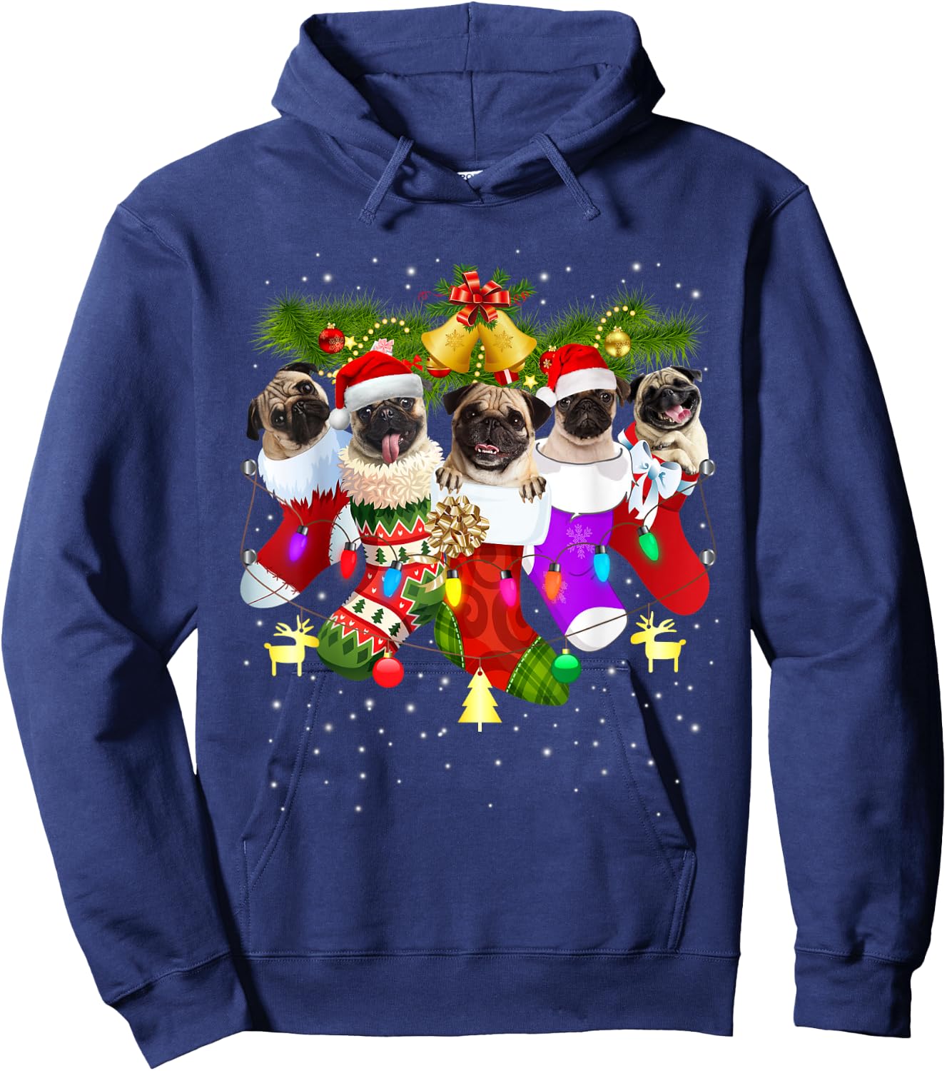 Santa Pugs in Christmas Socks Funny Xmas Dog Lover Pug Mom Hoodie - Hoodie | Navy