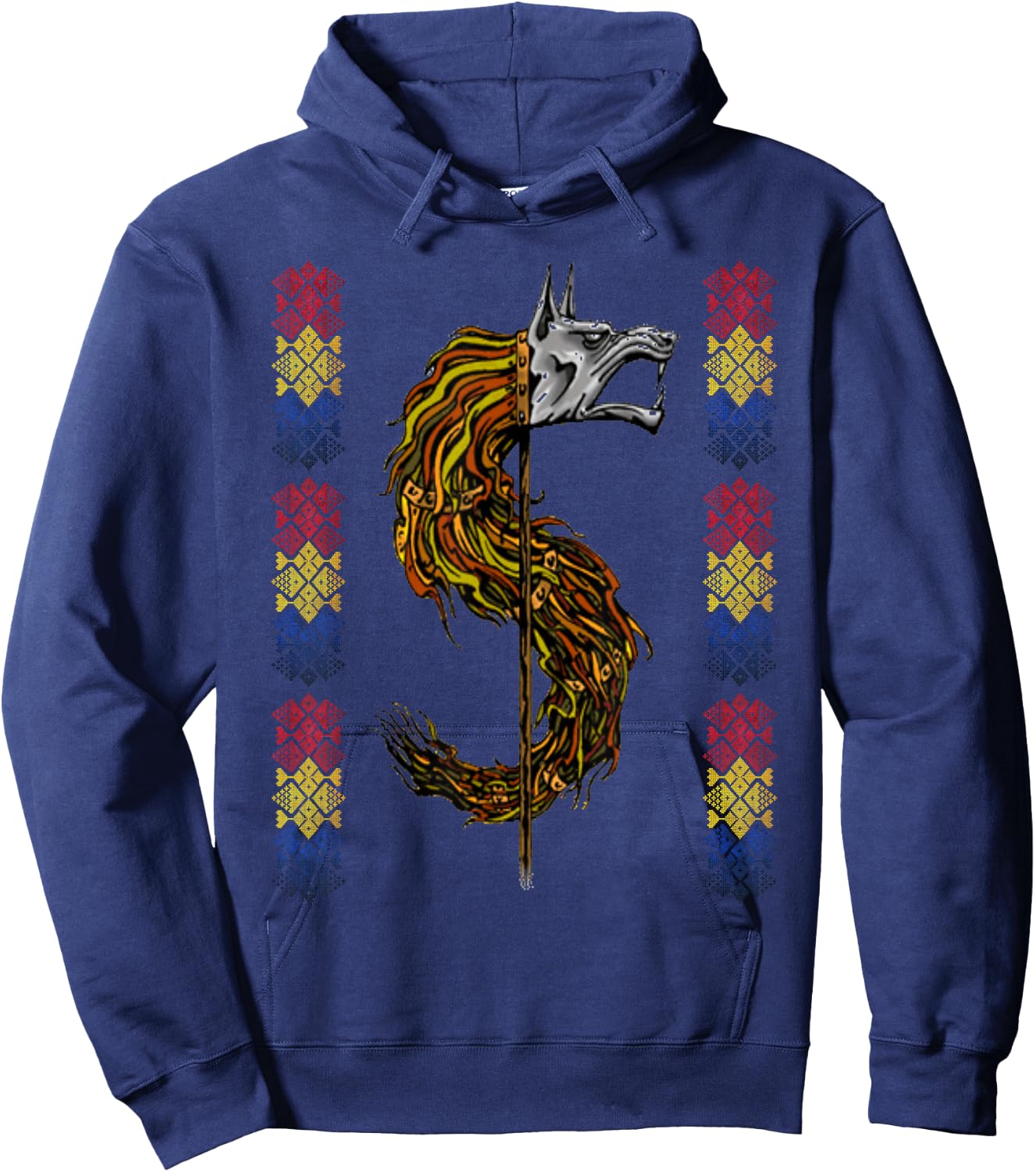 Romanian Flag Traditional Motifs Dacian Wolf Hoodie - Hoodie | Navy