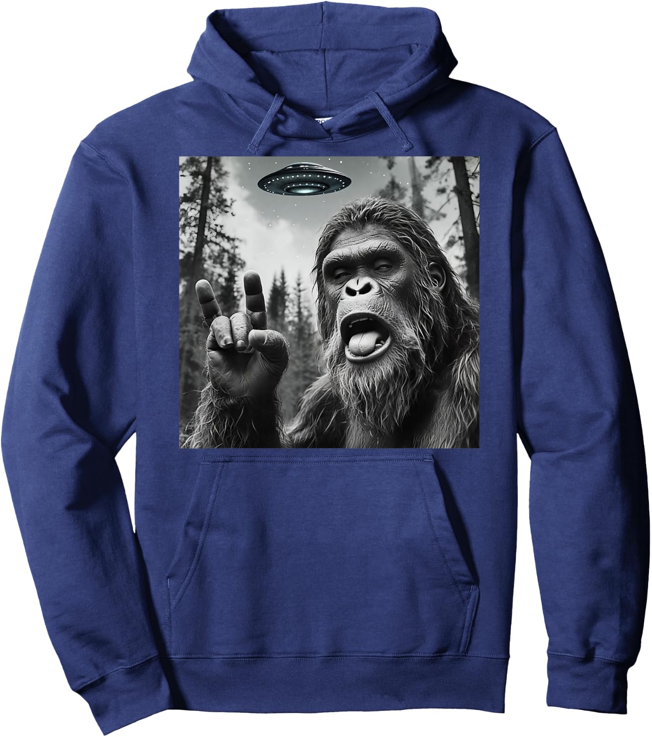 Funny Sasquatch Bigfoot Rock On Selfie With UFO Alien Hoodie - Hoodie | Navy