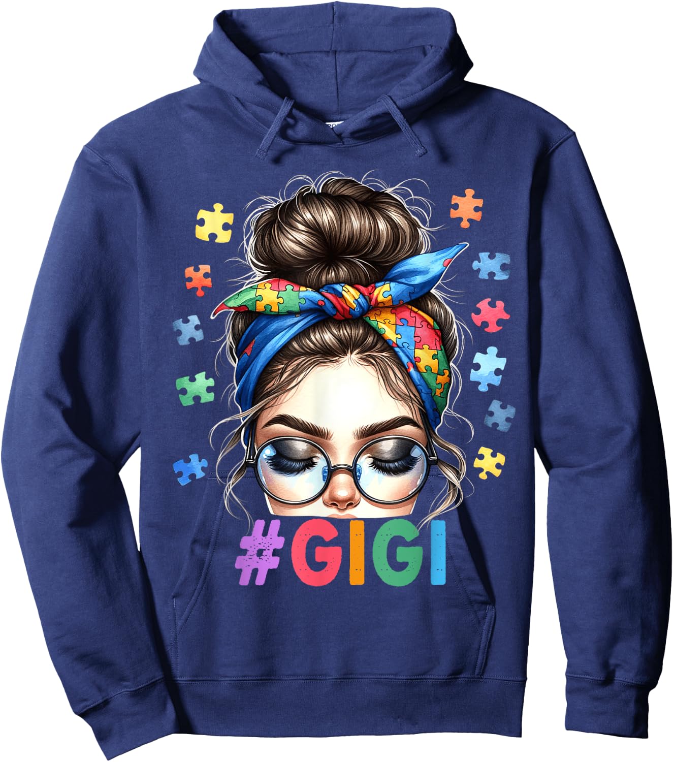Gigi Autism Awareness Messy Bun Grandmother Granny Nana Mimi Hoodie - Hoodie | Navy