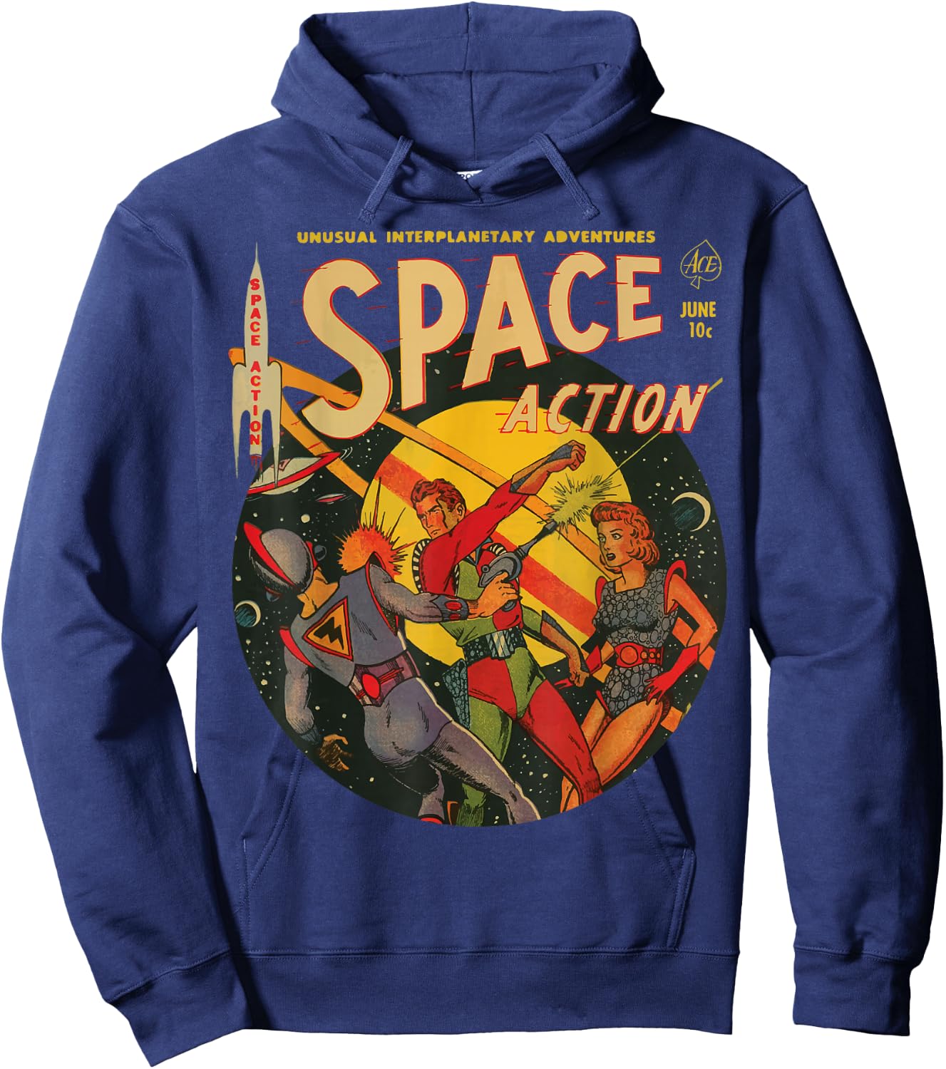 Space Action Comics, Vintage Sci-Fi Comic, 50's Comic, Retro Hoodie - Hoodie | Navy
