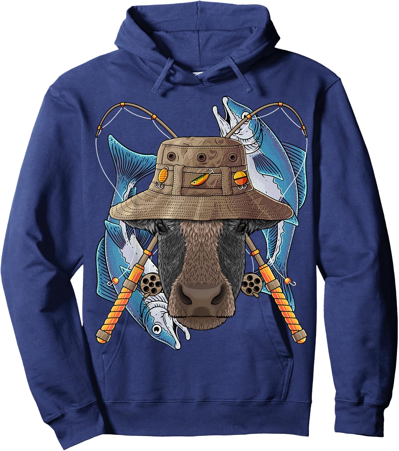 Fishing Cow Outdoor Fisherman Farm Animal Cute Fly Fishing Hoodie - Hoodie | Navy