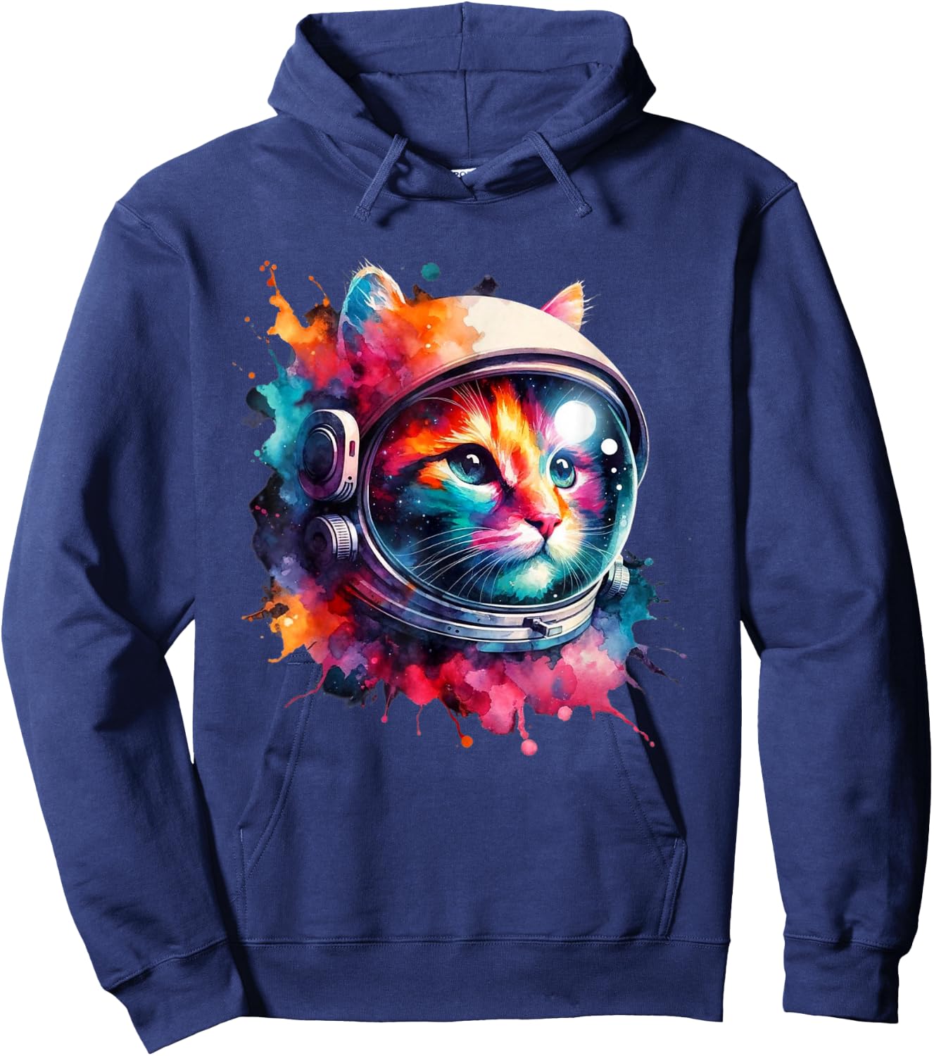Funny Cat Astronaut Outer Space Watercolor Splash Cat Lover Hoodie - Hoodie | Navy