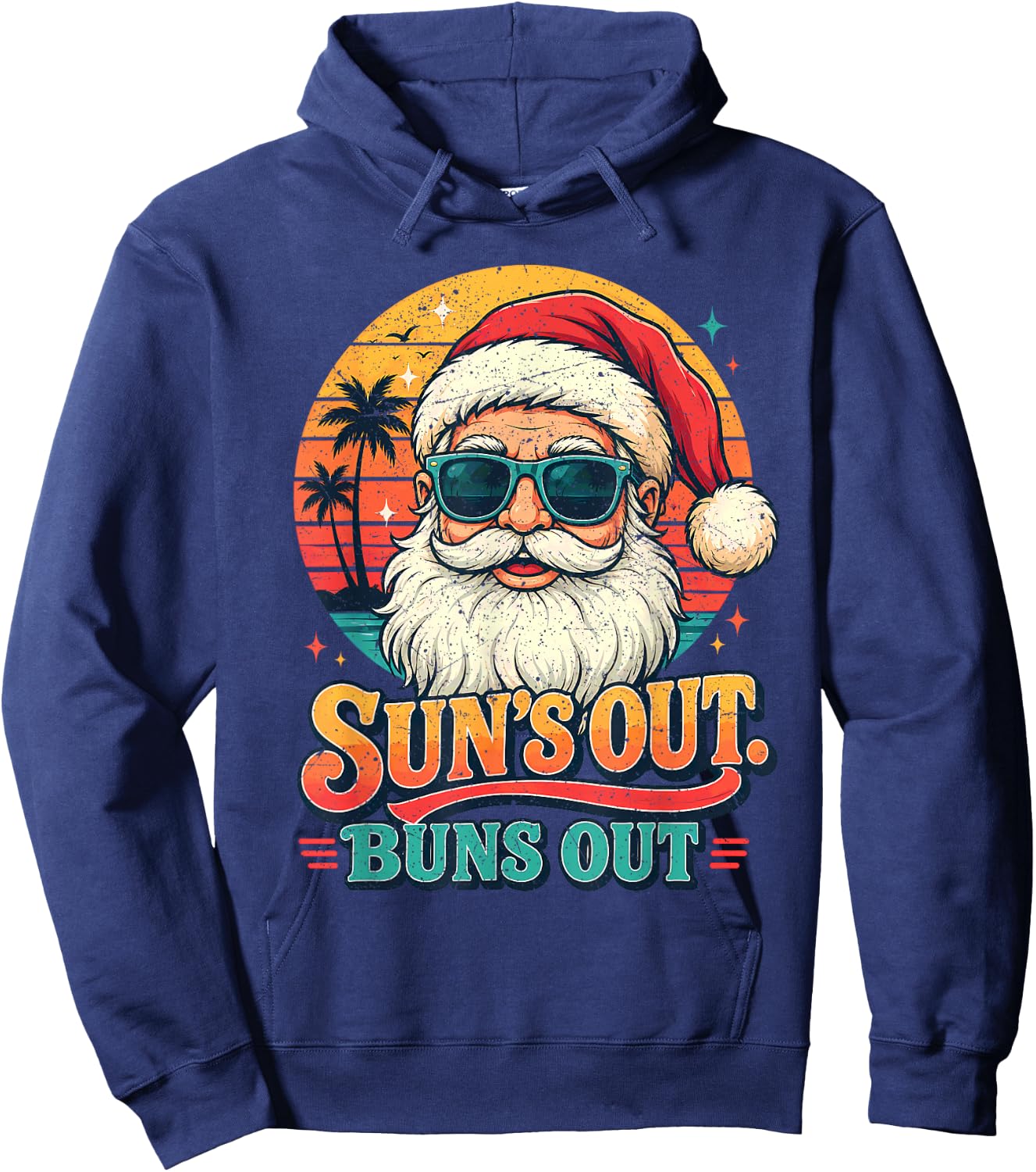 Christmas in July Suns Out Buns Out Vintage Beach Santa Hoodie - Hoodie | Navy