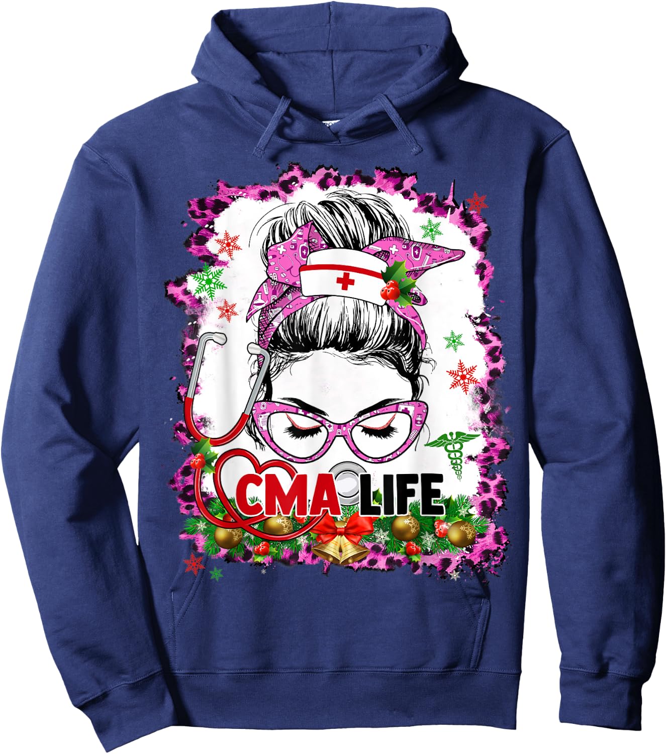 Messy Bun Mom CMA Life Funny Nursing Christmas Pajamas Hoodie - Hoodie | Navy