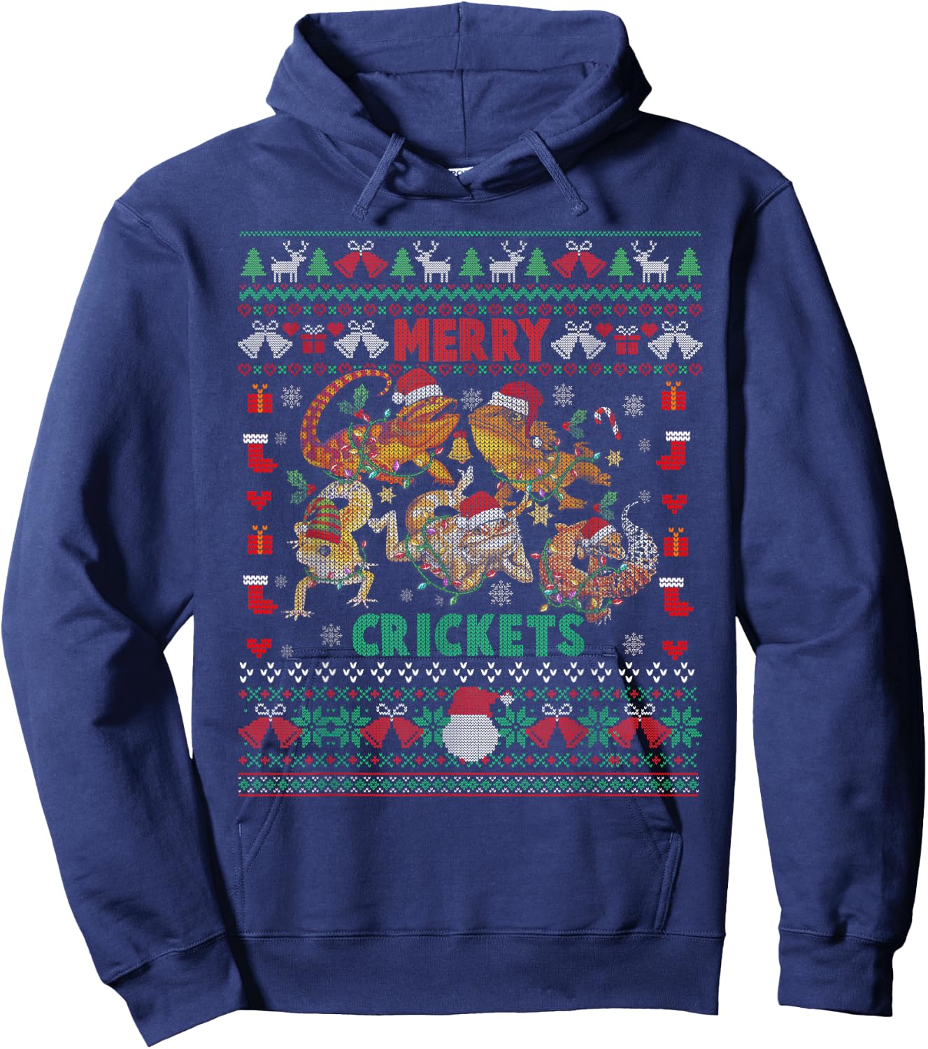 Merry Crickets Bearded Dragon Ugly Christmas Sweater Hoodie - Hoodie | Navy