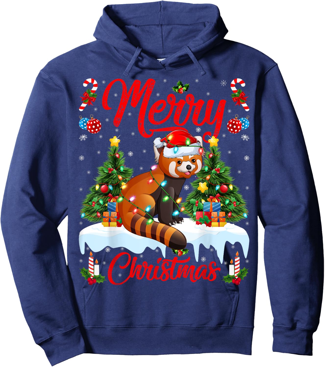 Red Panda Lover Xmas Lighting Santa Hat Red Panda Christmas Hoodie - Hoodie | Navy