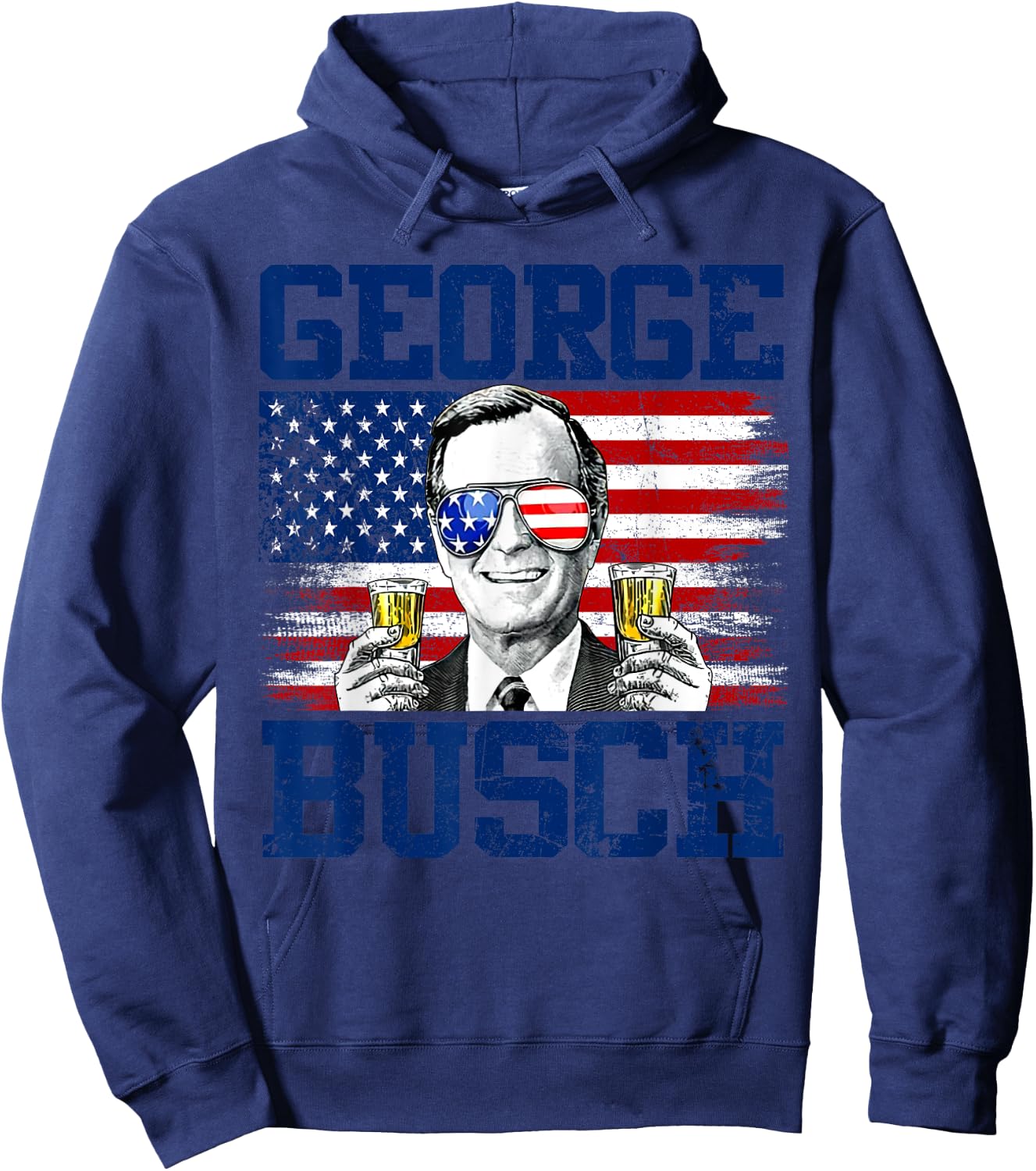 George 43rd President Drinking Beer Party USA Flag July 4th Hoodie - Hoodie | Navy