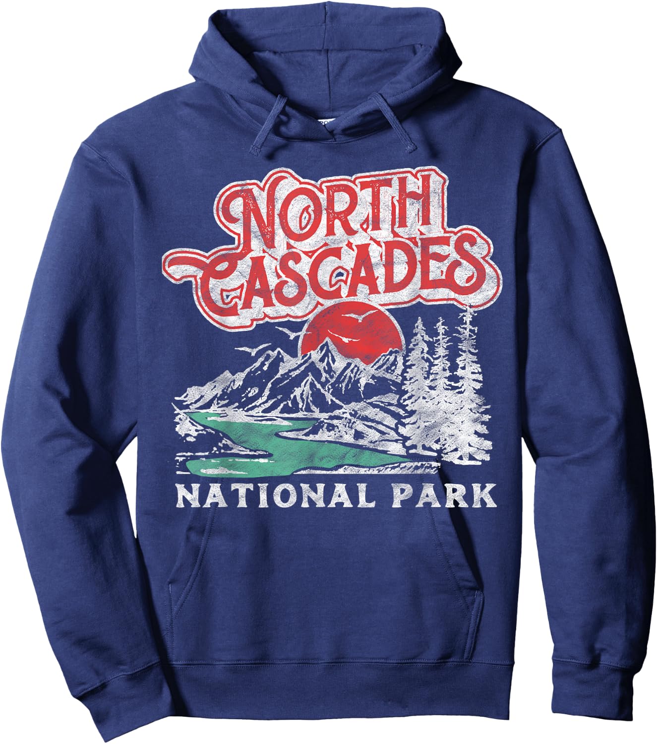North Cascades National Park Retro 80's Mountains Distressed Hoodie - Hoodie | Navy