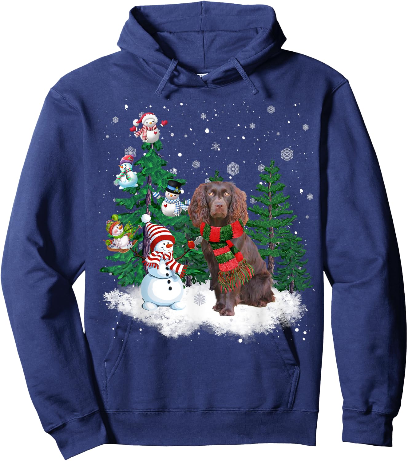 Boykin Spaniel Dog Christmas Snowman Xmas Tree Pajama Hoodie - Hoodie | Navy