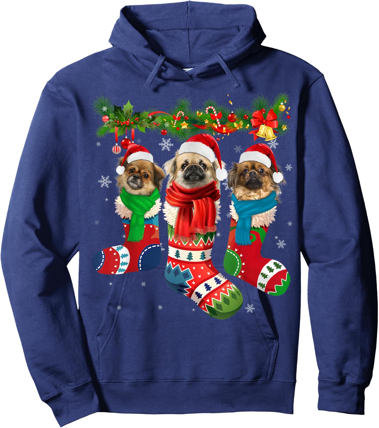 Three Tibetan spaniels In Christmas Socks Hoodie - Hoodie | Navy