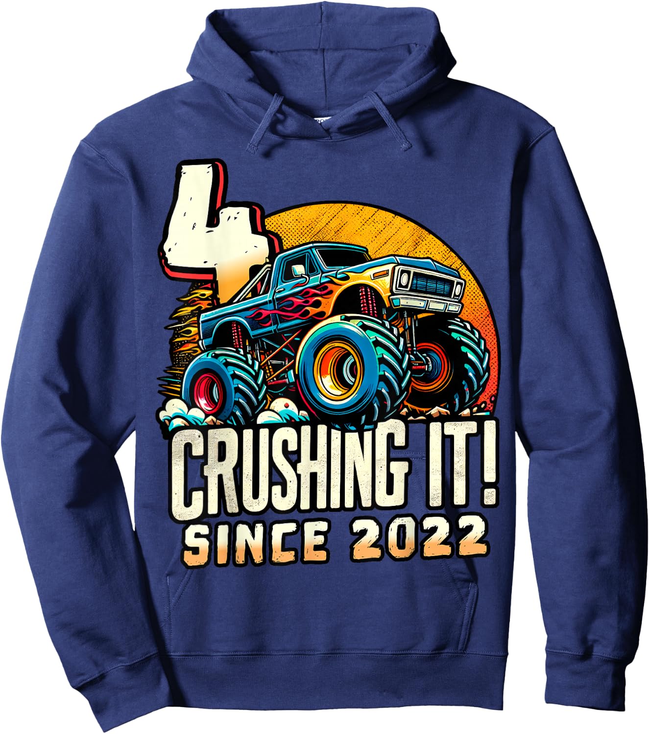 Birthday Monster Truck 4 Year Old Boys 4th Party Born 2022 Hoodie - Hoodie | Navy