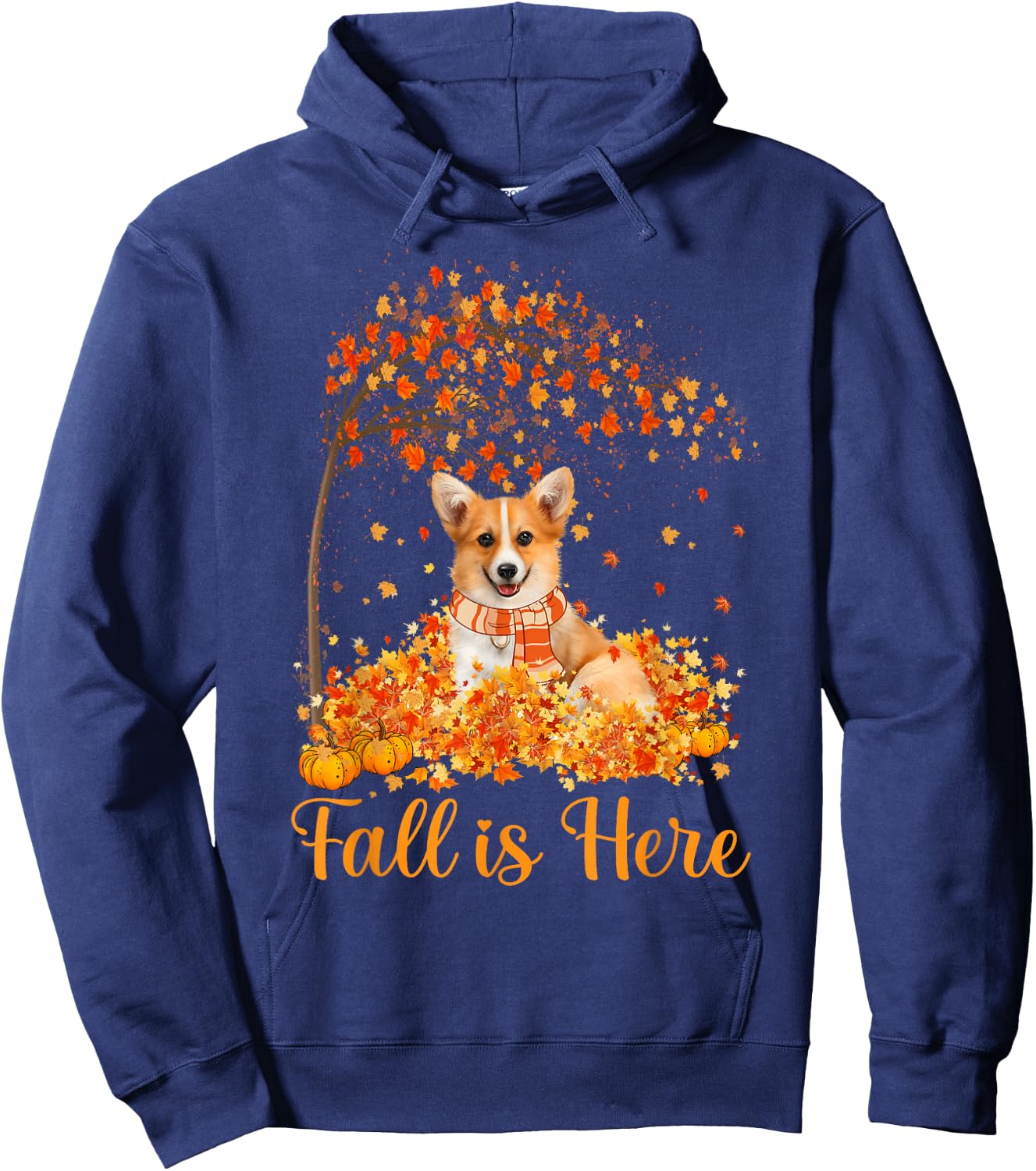 Fall Is Here Corgi Jumping On Autumn Leaf Pumpkin Dog Lovers Hoodie - Hoodie | Navy