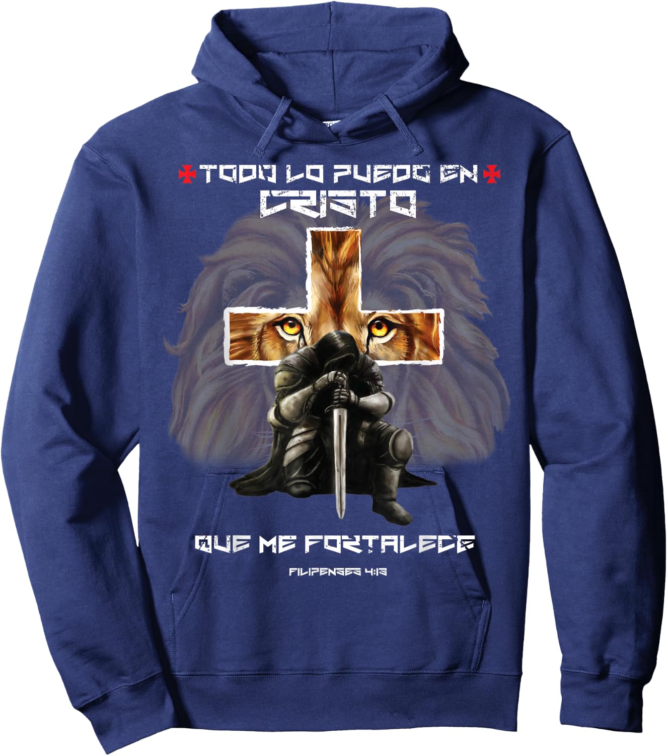 Español Spanish Christian Gifts Cross Lion Filipenses 4:13 Hoodie - Hoodie | Navy