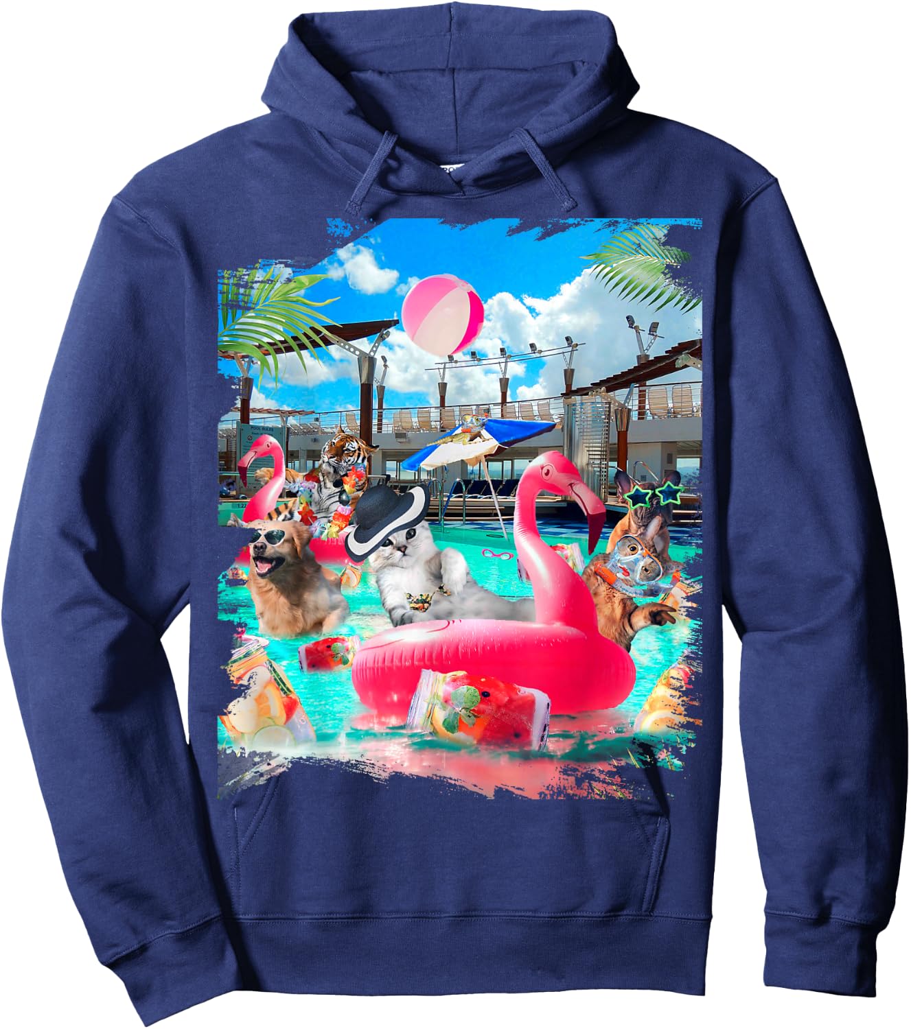 Cat Cats Tiger Dog Dogs Cruise Ship, Funny Cute Men Women Girls Kids Hoodie - Hoodie | Navy