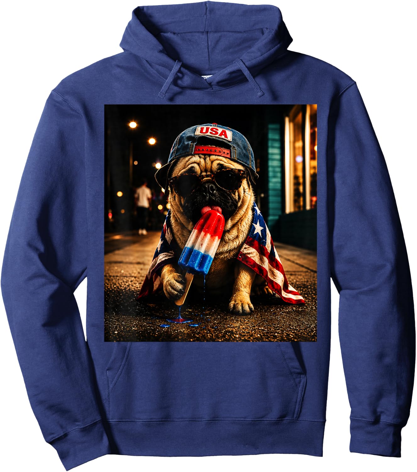 Patriotic Pug Dog with American Flag and Popsicle Art Hoodie - Hoodie | Navy