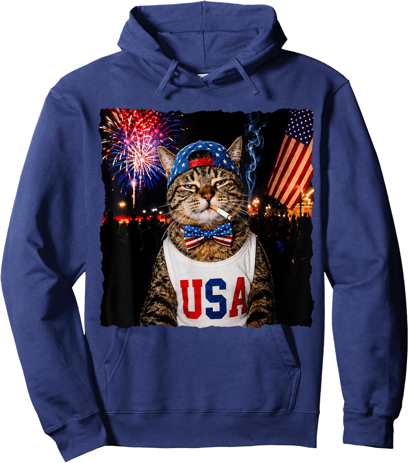 Patriotic Smoking Cat Funny 4th of July USA Flag Cat Lover Hoodie - Hoodie | Navy