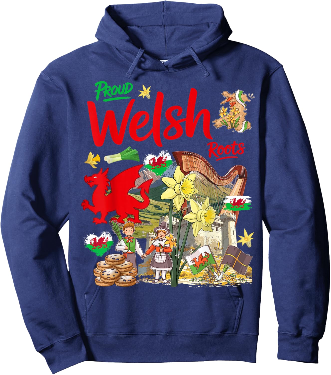 Welsh Roots Idea for Kids Wales Culture Theme with Daffodils Hoodie - Hoodie | Navy