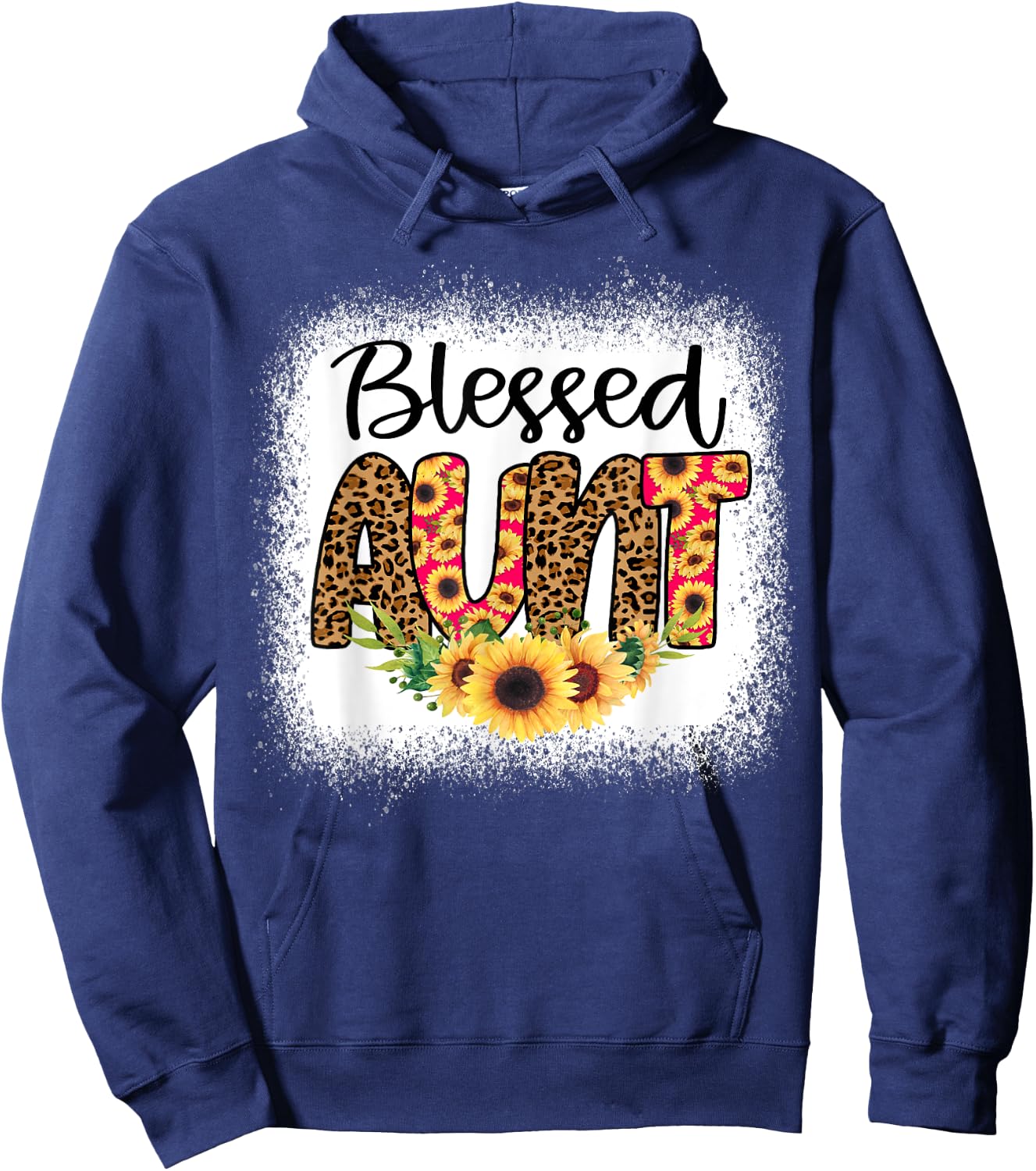 Blessed Aunt Women Bleached Cheetah Print Sunflowers Auntie Hoodie - Hoodie | Navy