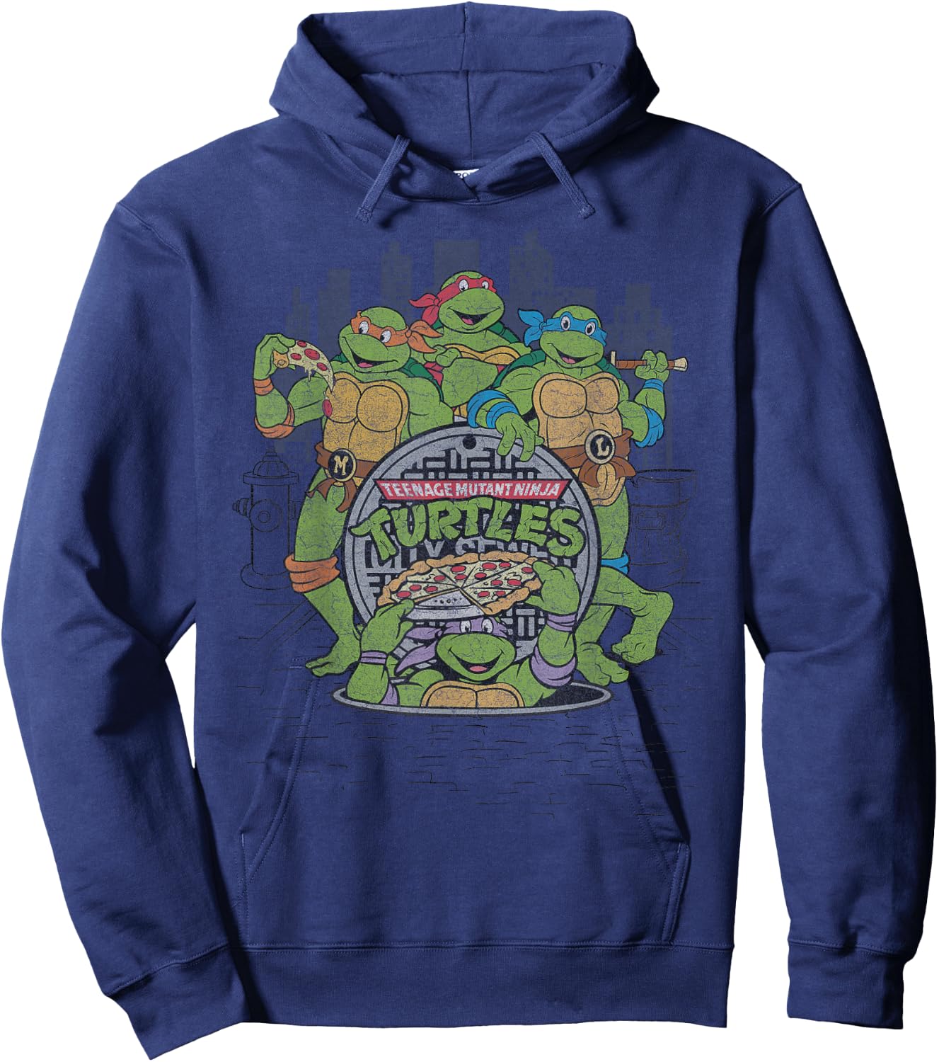 Retro TMNT Group with Pizza in City Hoodie - Hoodie | Navy