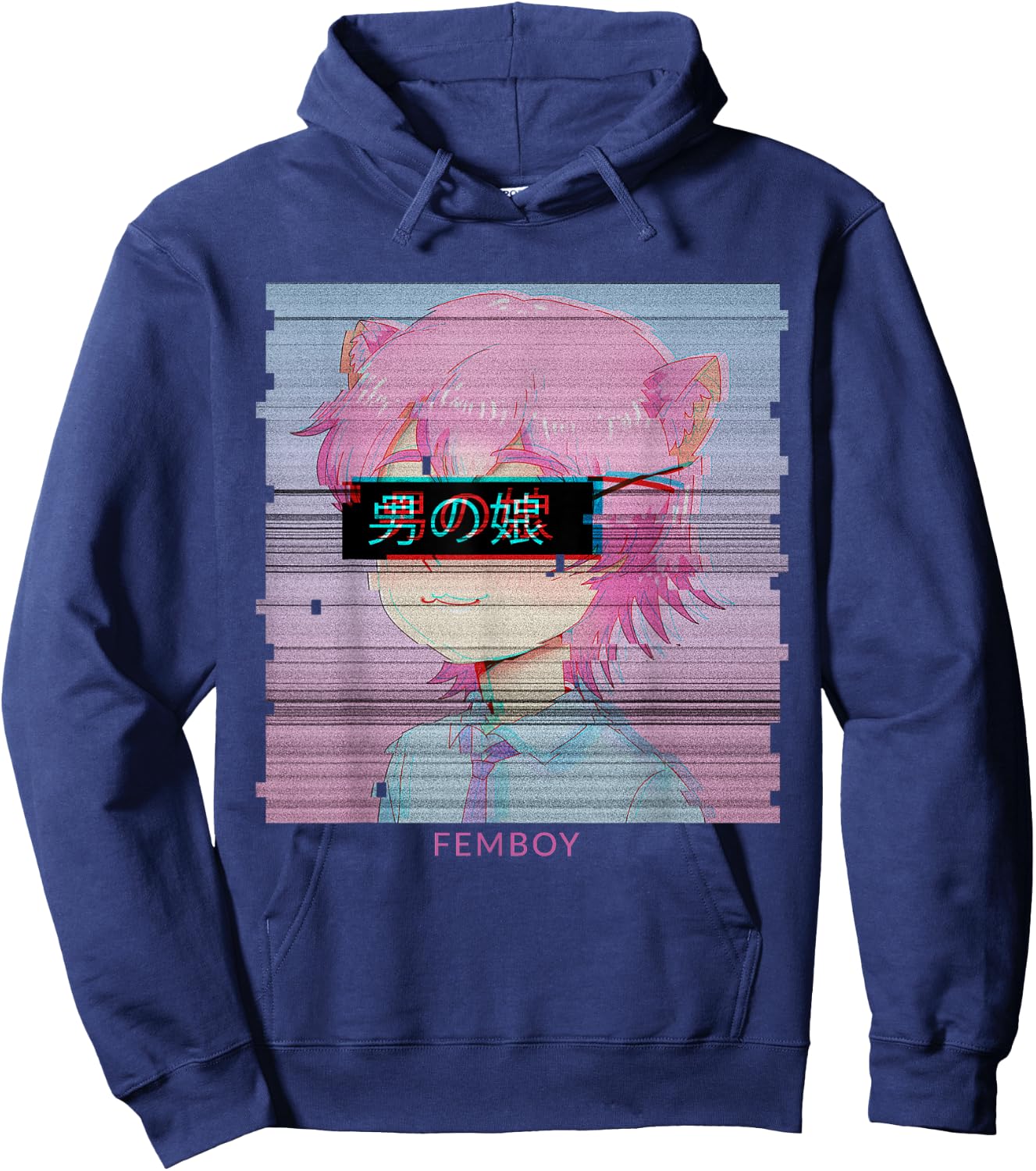 Femboy Anime Neko Cat Boy Aesthetic Vaporwave Japanese Hoodie - Hoodie | Navy