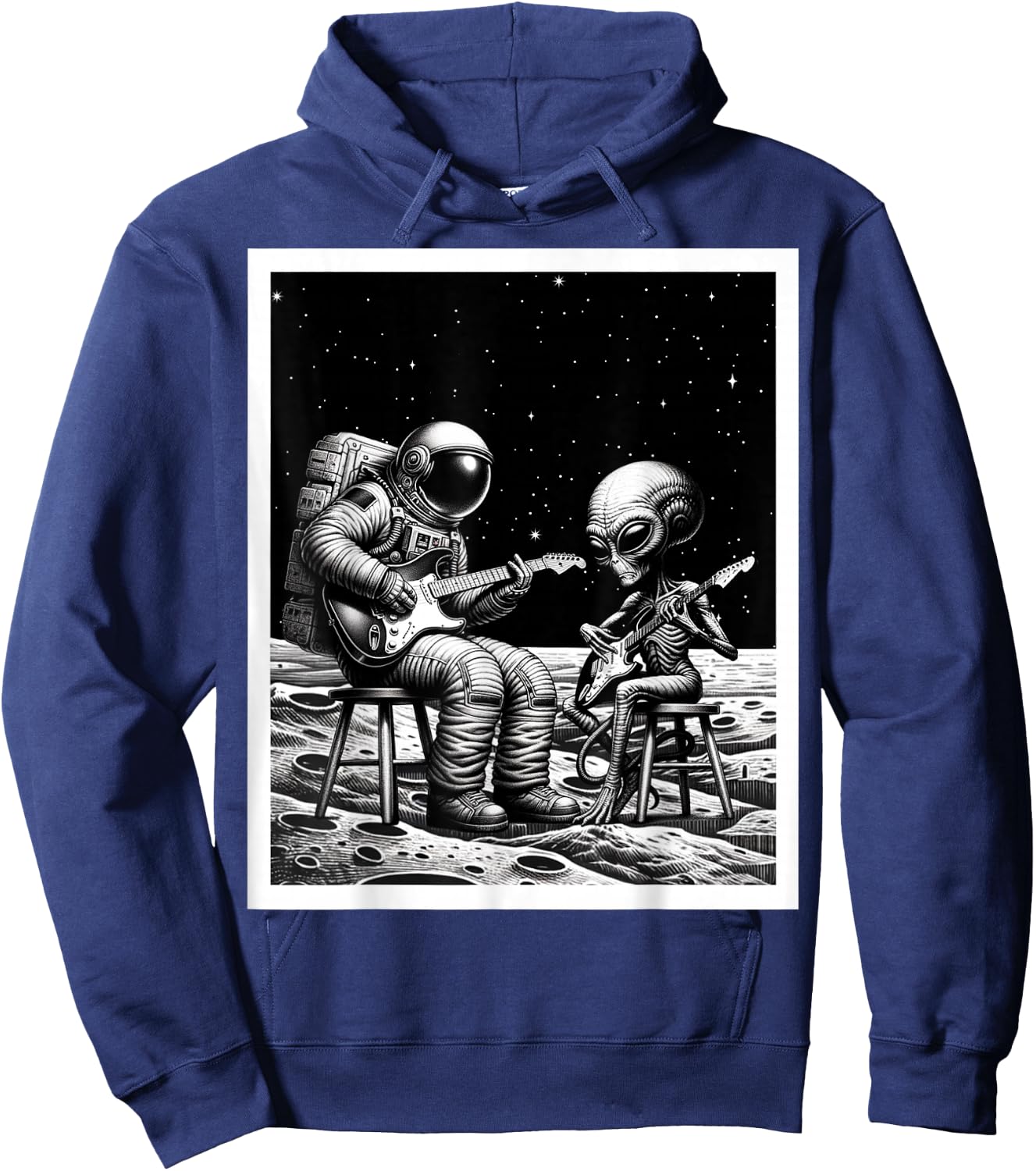 Funny Astronaut and alien playing electric guitar In Space Hoodie - Hoodie | Navy