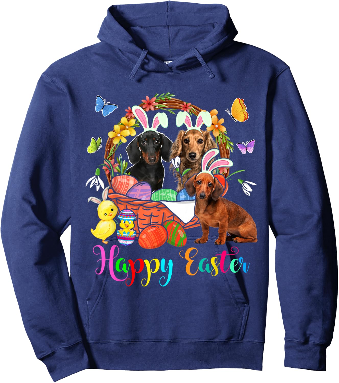 Three Bunny Dachshund Dogs In Easter Eggs Basket Hoodie - Hoodie | Navy