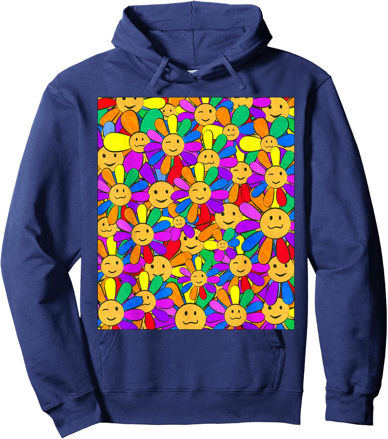Kidcore Aesthetic Smiling Flowers Cute Kawaii Face Retro Hoodie - Hoodie | Navy