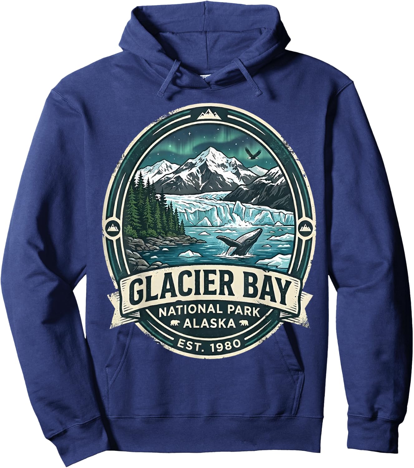 Glacier Bay National Park Alaska Vintage Whale & Mountains Hoodie - Hoodie | Navy