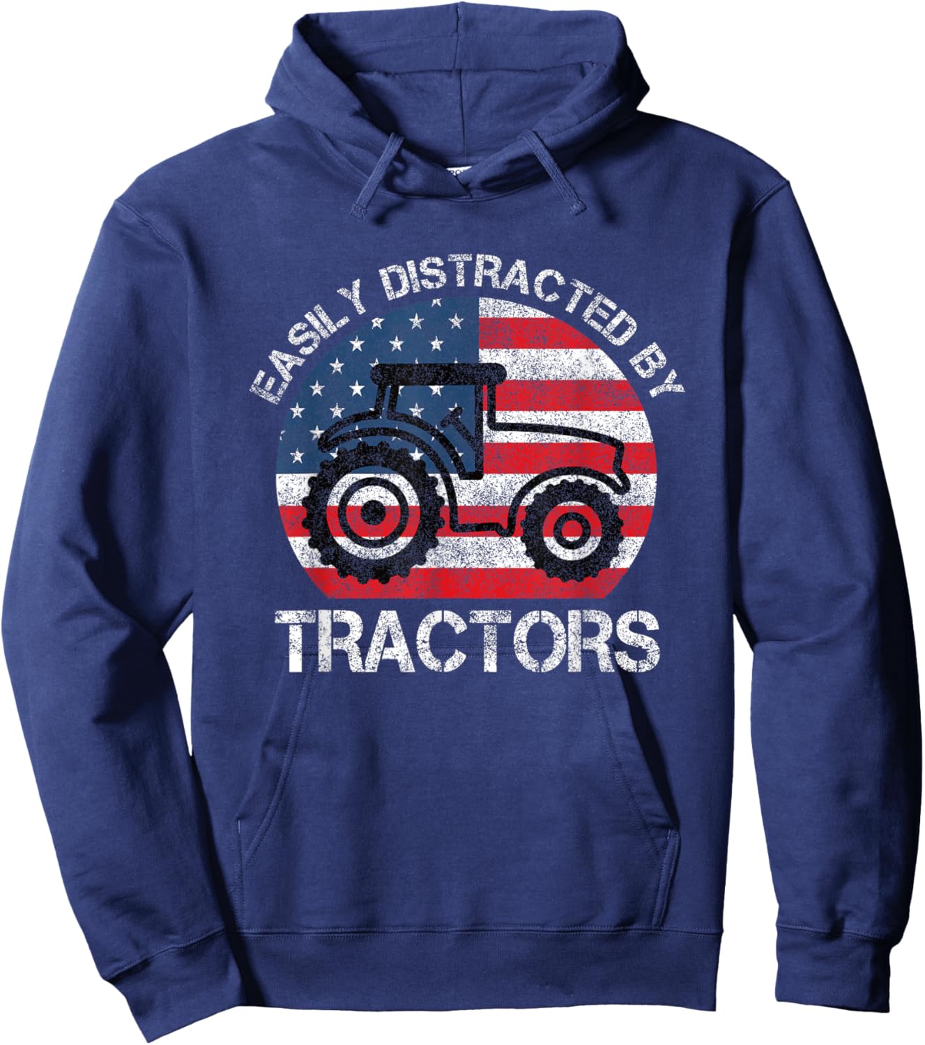 Easily Distracted by Tractors for Patriotic Farmer Vintage Hoodie - Hoodie | Navy