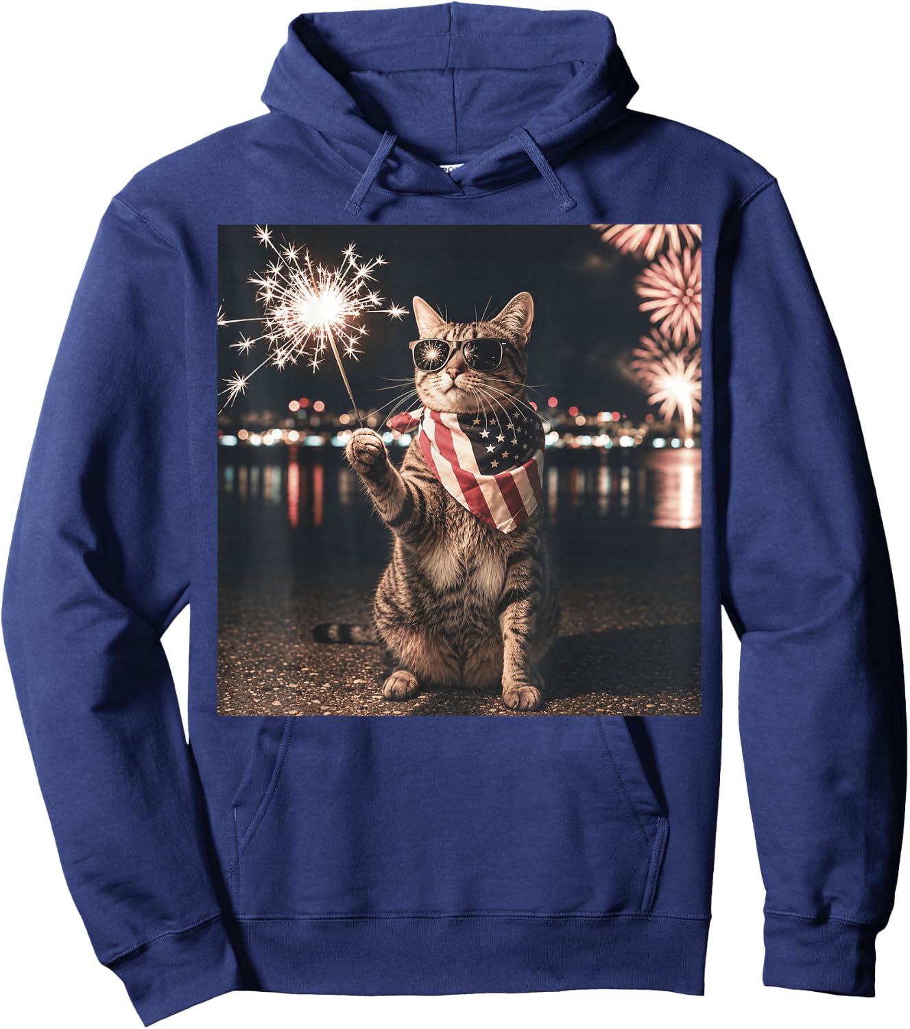 Patriotic Cat American Flag Fireworks 4th of July Hoodie - Hoodie | Navy