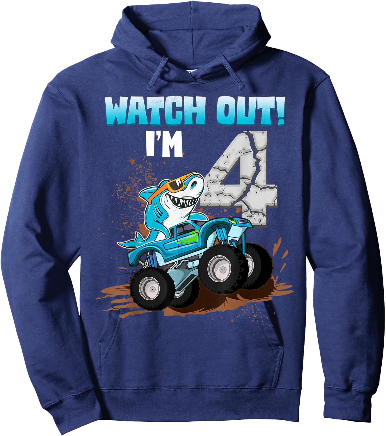 4 Years Old 4th Birthday Shark Boy Girl Monster Truck Gamer Hoodie - Hoodie | Navy