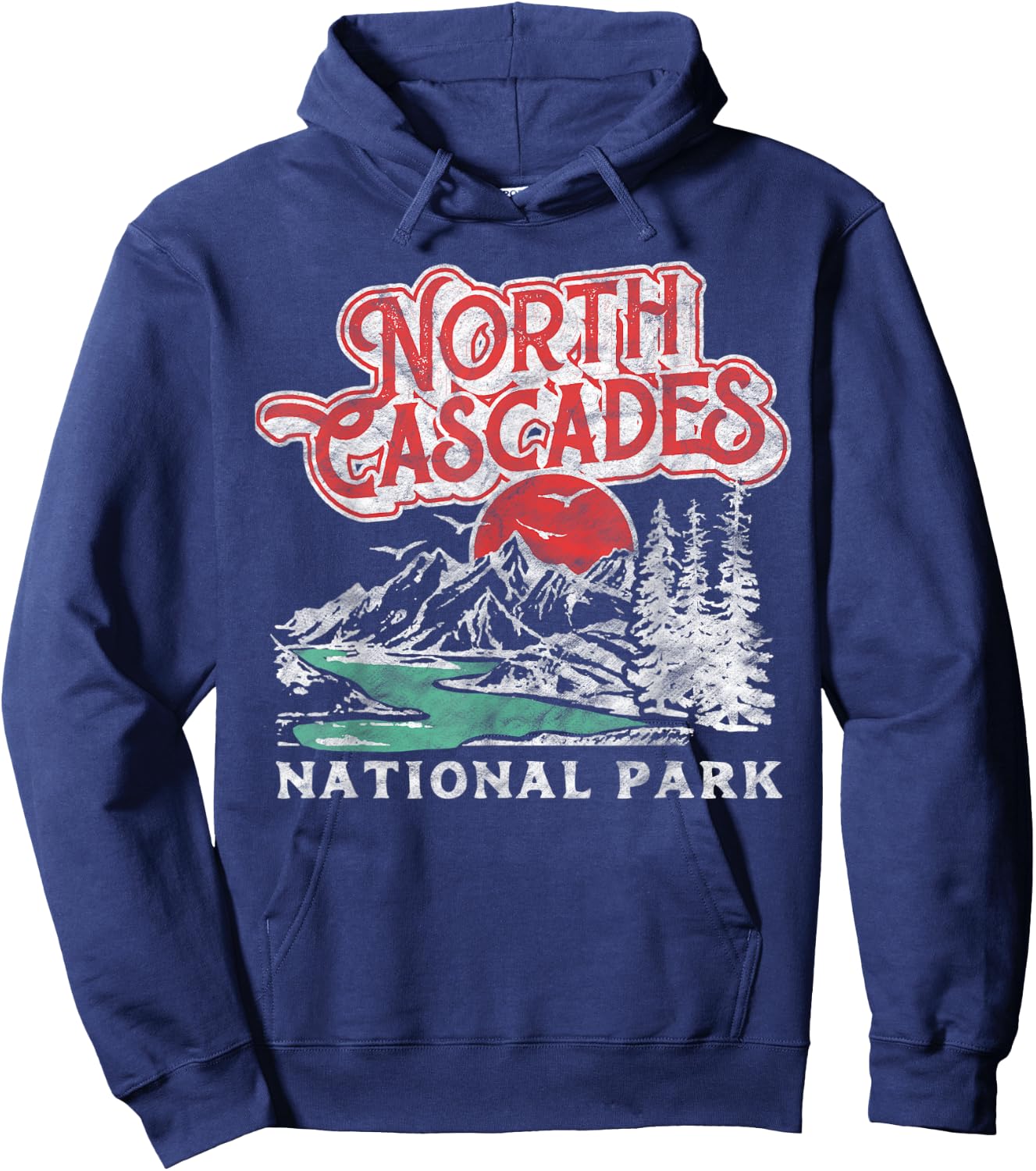 North Cascades National Park Retro 80's Mountains Distressed Hoodie - Hoodie | Navy