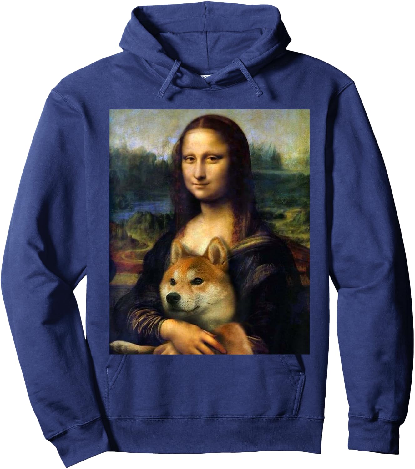 Mona Lisa da Vinci Print Shirt Mona Lisa with Shiba Inu Dog Hoodie - Hoodie | Navy