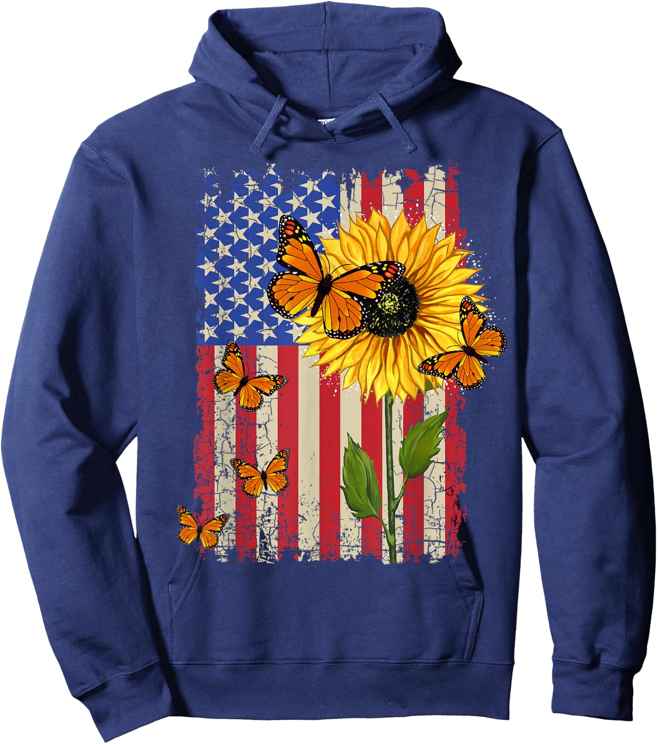 Sunflower Monarch Butterflies Patriotic American Flag Hoodie - Hoodie | Navy